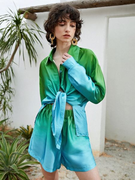 

drop shoulder ombre satin blouse & shorts u6vs#, White