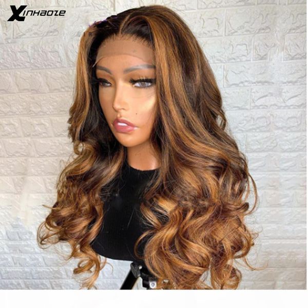 

brazilian body wave lace front human hair wigs with baby hair t part brown honey blonde highlight wigs remy 150 density, Black;brown