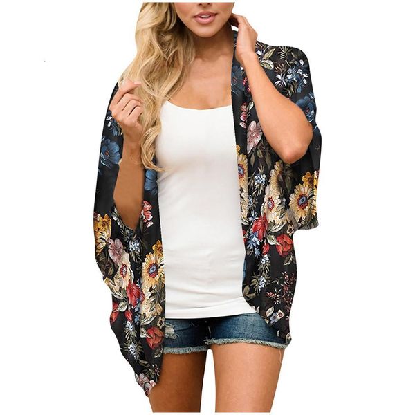 

women's cardigan 3/4 sleeve flower print blouse kimono cardigan colorful short casual cardigan summer #yl10, White