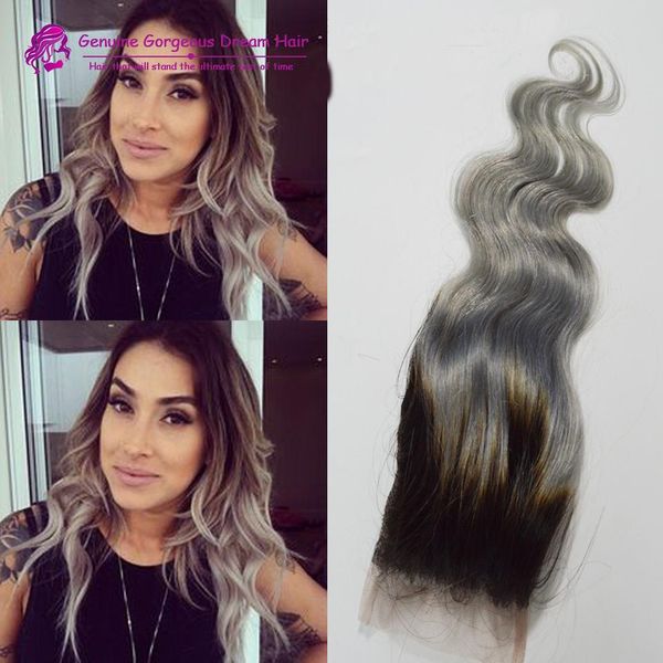 

two tone body wave lace closure brazilian hair 1b grey ombre lace closure bleached knots 4x4 middle 3 part 10"-20, Black;brown