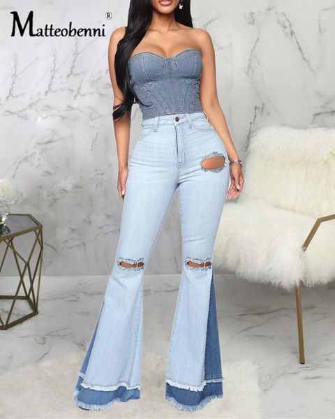 

casual hollow out hole ripped jeans women high waist color block patchwork denim trouser 2020 autumn stretch slim fit flare pant1, Blue