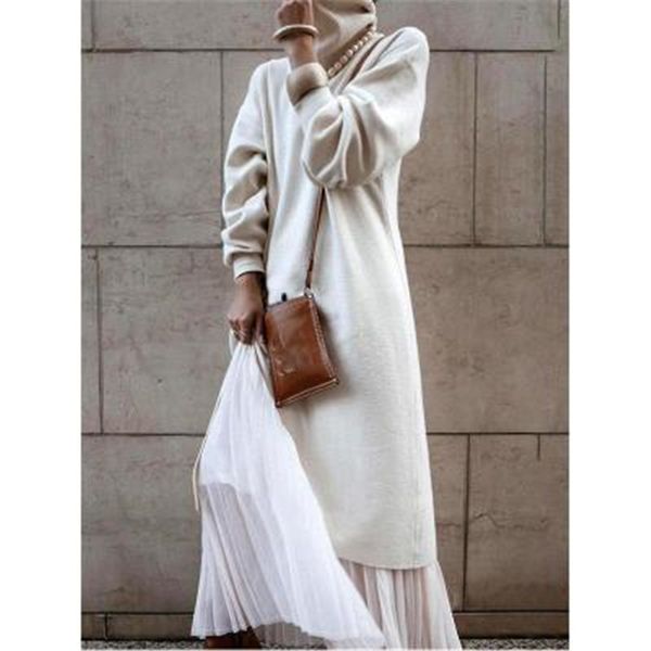 

women knitting sweater dress fashion trend long sleeve high neck temperament long skirts designer female autumn new white long casual dress, Black;gray