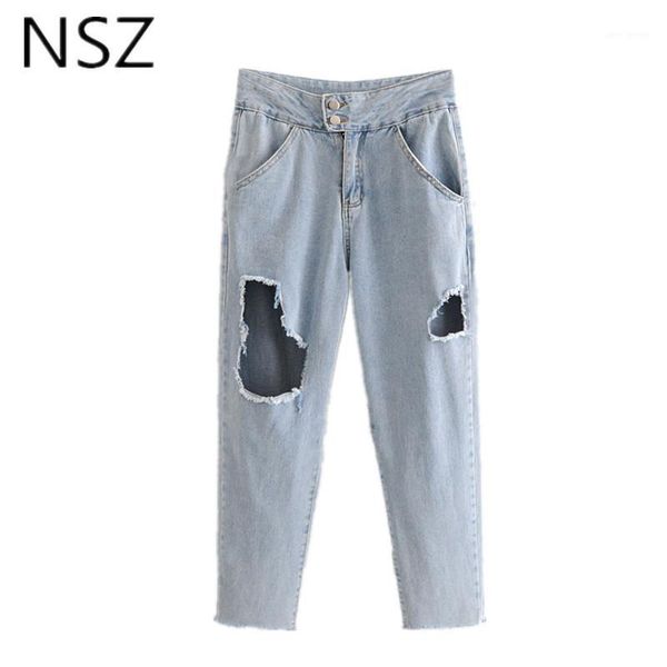 

nsz women denim pant high waist washed holes destroyed jeans pant pocket zipper pencil trousers1, Blue