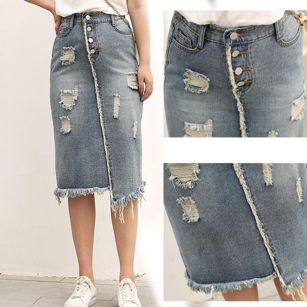 

casual plus size s-8xl ladies denim skirt ladies korean elastic waist front left pocket lapel fringed denim skirt1, Black