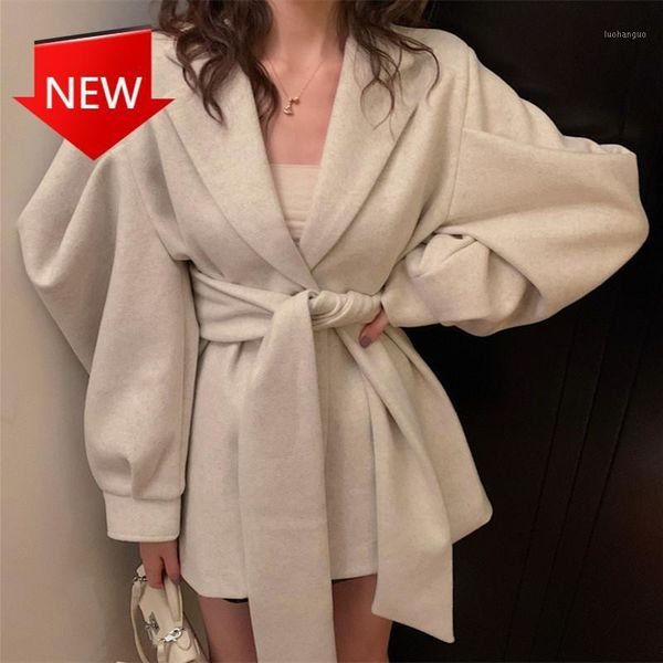 

belted winter jacket lady notched v neck woolen jacket casaco femme korean temperament wool coat women elegant puff sleeve1, Black