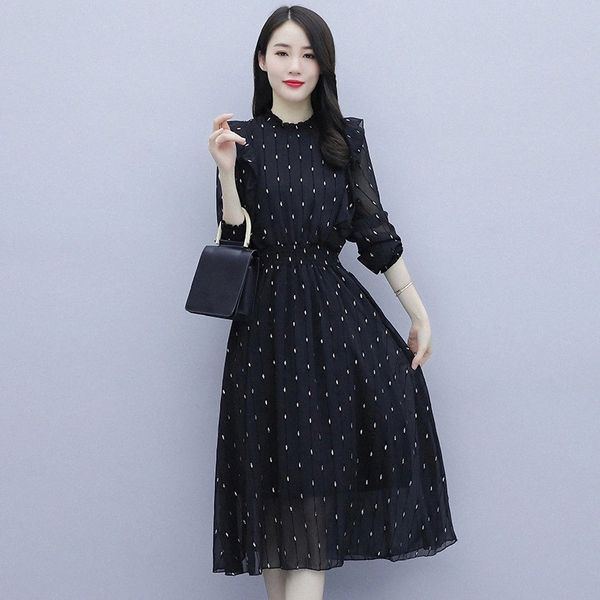 

jxmyy autumn 2020 new goddess retro black western temperament bottoming long skirt pleated suit skirt polka dot dress #hy3x, Black;gray