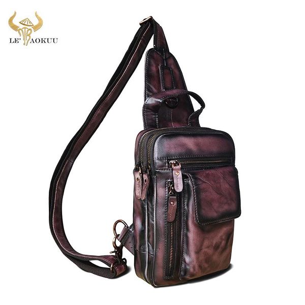 

luxury men natural leather fashion wine sling chest bag design travel triangle cross-body daypack 8" tablet male b574 waist bags