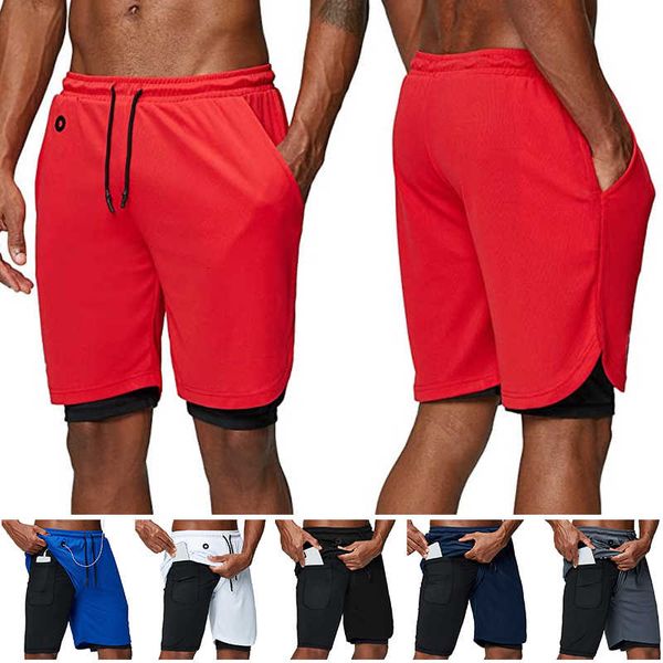

2020 new 2 in 1 men's double-layer quick-drying sports running and exercise gym shorts with phone pocket, White;black