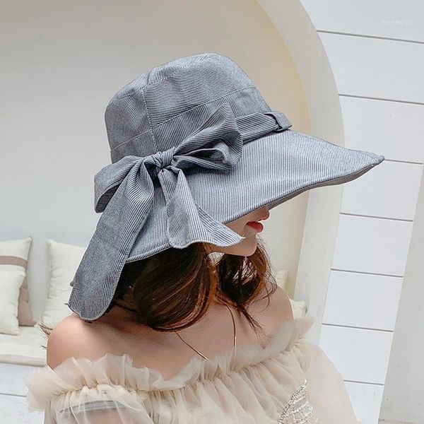 

cloth hats women's summer new style linen flower color ribbon bow sunbonnet outdoor uv protection foldable wide brim hat1, Blue;gray