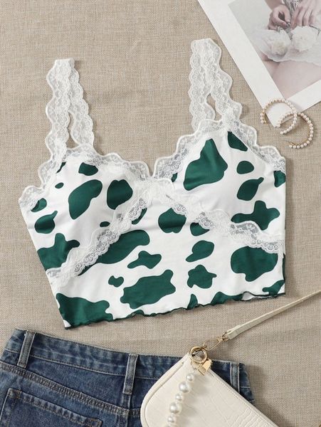

lace trim cow print cami 80va#, White