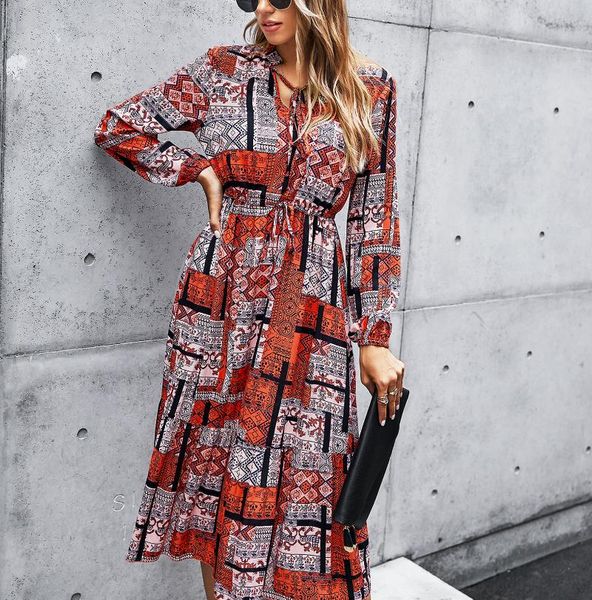 

casual dresses bandage florals print bodycon knee length women long sleeve knitted fashion 2021 autumn lace up skinny party dress#2, Black;gray