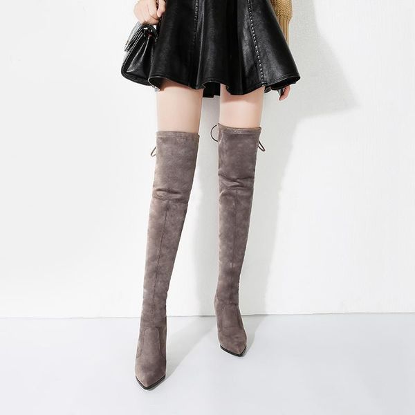 

2021 winter women 8.5cm block high heels boots lady suede plush over the knee botas female nightclub stretch booties shoes1, Black