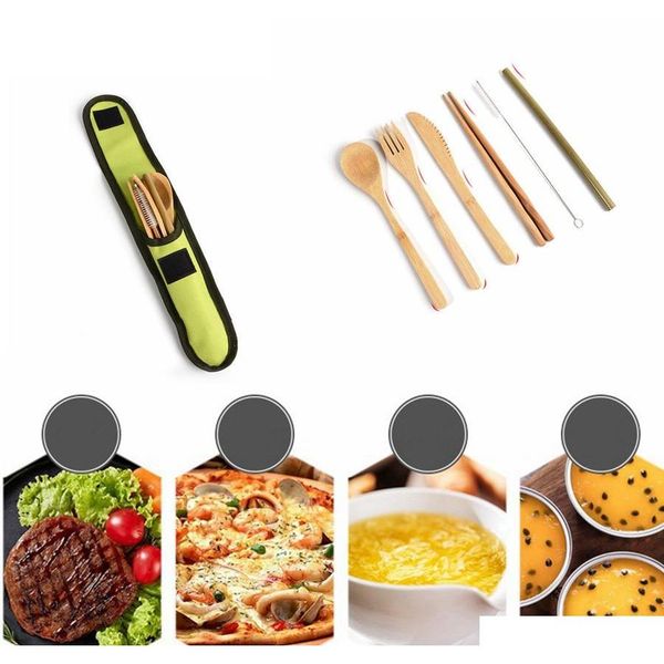 

eco-friendly bamboo flatware travel cutlery set portable bamboo straw dinnerware set with cloth bag knives fork spoon chopstick