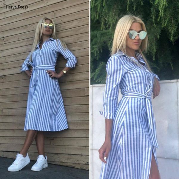 

2021 women casual blue striped sashes dress lady long sleeve turn-down collar a-line party dress vintage summer women dresses, Black;gray