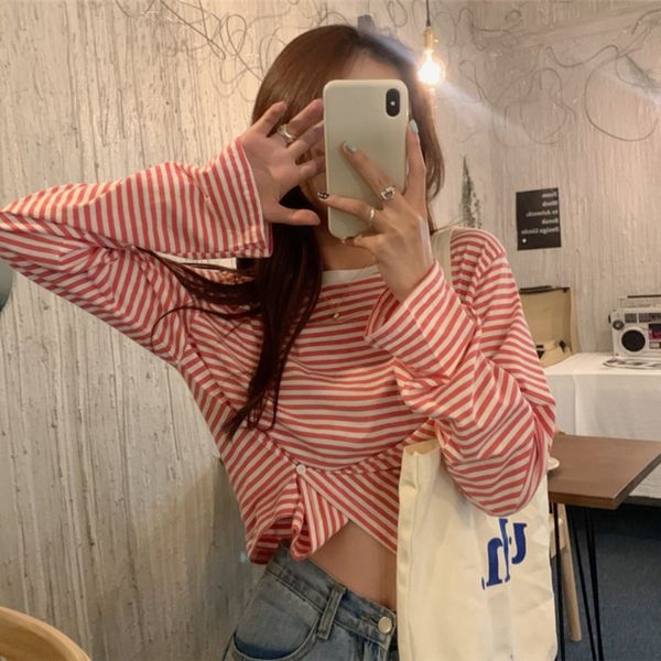 

with enjun] a1388 fashion design sense short jacket short jacket loose stripe show thin round neck long sleeve t-shirt for women uczib, White