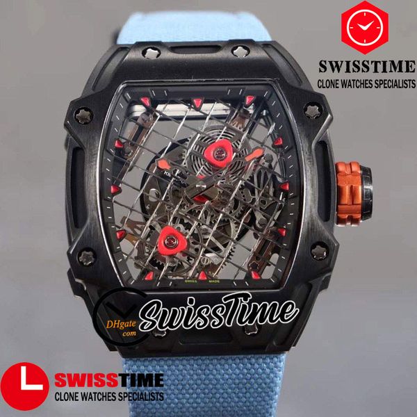 

new rm27-04 tourbillon rafael nadal miyota autoamtic mens watch skeleton tennis racket design dial blue nylon sport watches swisstime, Slivery;brown