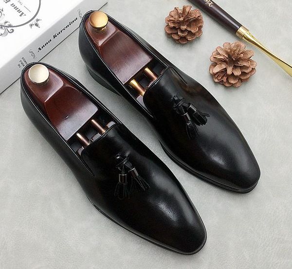 

dress shoes style men fashion pointed gradient color handmade spring autumn tassel slip on loafers, Black