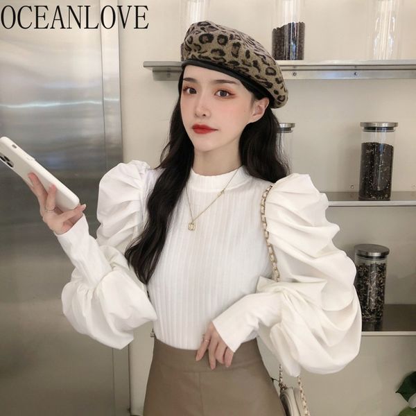 

oceanlove autumn pullovers solid puff sleeve slim women sweaters korean patchwork fashion winter mujer sueteres clothes 18616 201130, White;black