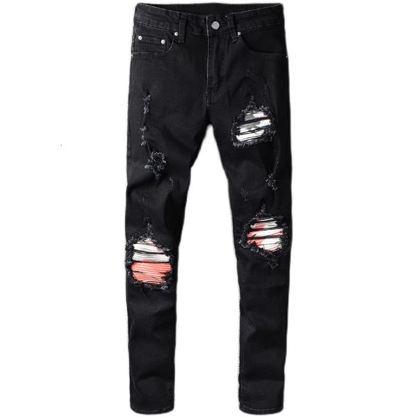

2021 men's male trousers high street fashion brand autumn new black knee hole patch jeans stretch slim pants m1p5, Blue