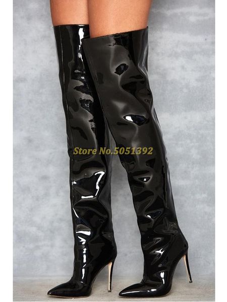 

patent leather black red vegan over-the-knee boots thin high heel zipper winter women long boots stiletto heeled solid shoes