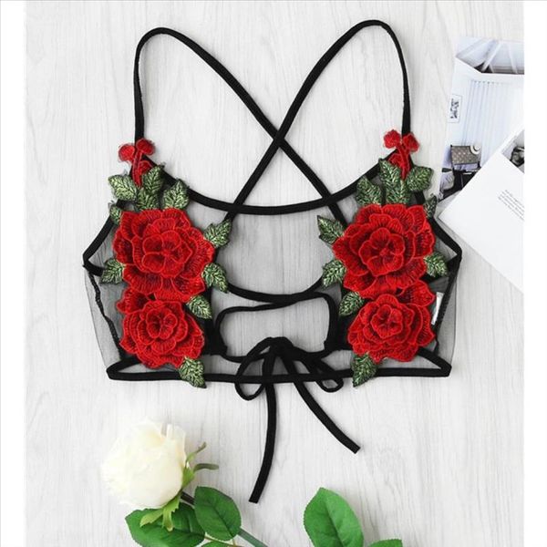 

new women crop embroidery rose soft mesh bra bralette bralet bra bustier black fashion vintage tee, White