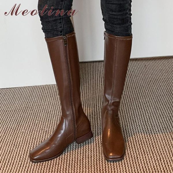 

boots meotina women riding shoes real leather low heels knee high square toe zipper block long autumn winter, Black