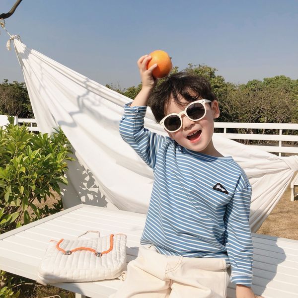 

spring boys girls cotton letters decals casual t shirts kids pure cotton all-match striped tees children y200704, Blue