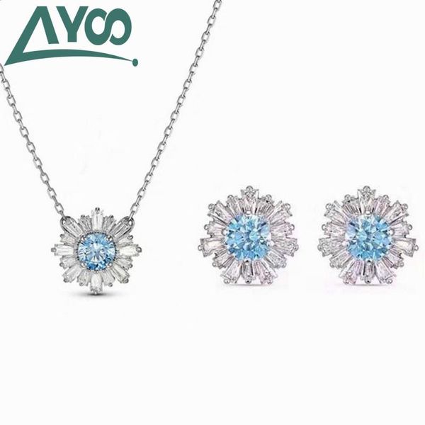 

ayoo swa new classic simple blue crystal flower shape sun flower lady necklace earring set gift, Silver