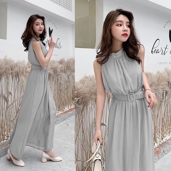 

long chiffon dress women summer slim sleeveless beach dress with belt elegant women solid color party dress t200613, Black;gray