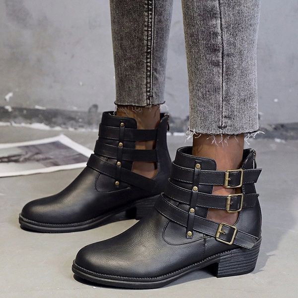 

women's ankle boots women vintage buckles shoes ladies square heels pu leather female footwear paltform autumn #sn33, Black