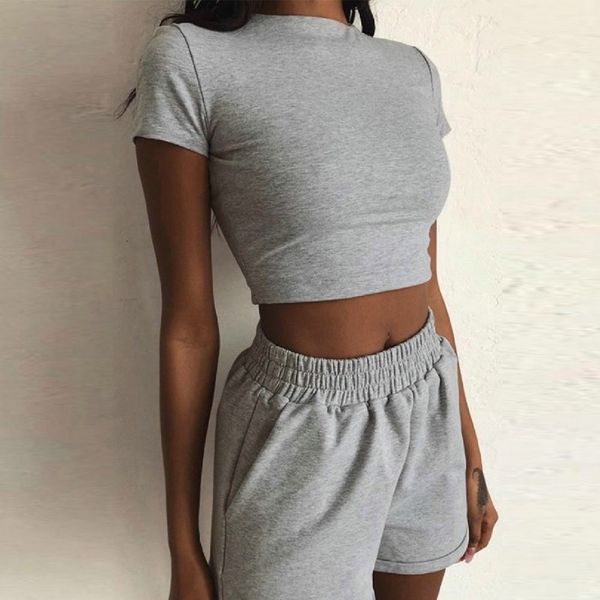 

women two piece set casual short-sleeved t-shirts high waist exposed navel shorts women's suits wholesale, White;black