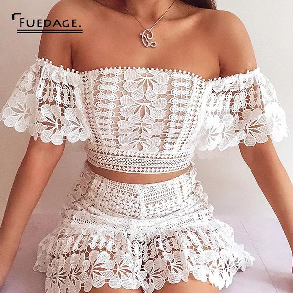 

fuedage summer white two piece set slash neck hollow out ruffles backless bodycon 2 piece set women club party women outfit, Gray