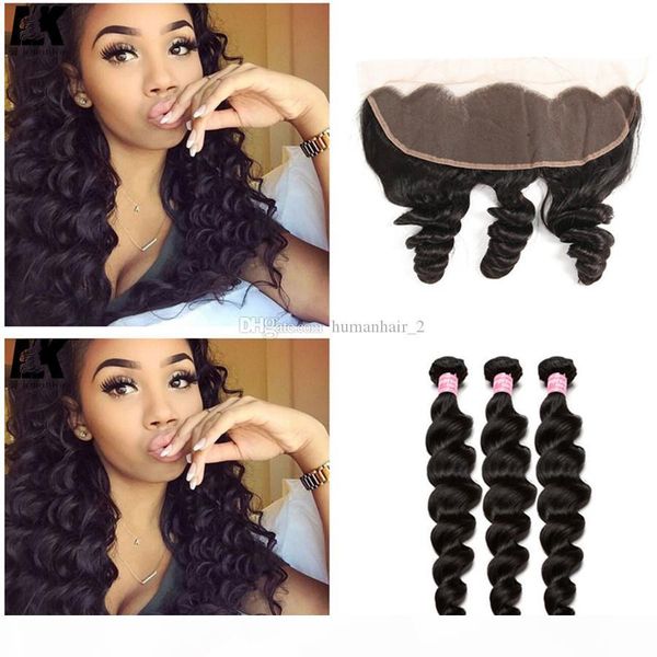 

brazilian human loose wave hair with lace frontal closure loose deep wave peruvian virgin hair wefts with lace frontal natural hairline, Black;brown