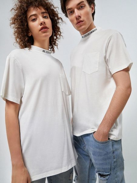 

1pc letter graphic mock neck patched pocket tee n9sq#, White;black