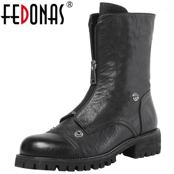 

boots fedonas metal rivets leather motorcycle for women winter est chunky heels shoes woman genuine ankle boots1, Black