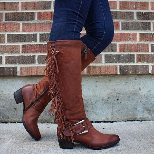 

women boots pu leather fringe retro casual womans booties gladiator low heel shoes ladies fashion botas mujer invierno tw549, Black