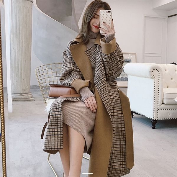 [EWQ] Doppiopetto a maniche lunghe scozzese per il tempo libero Oversize Modern Lady Slim Cappotto di lana Corea Khaki Soprabito Donna Inverno QL065 201216