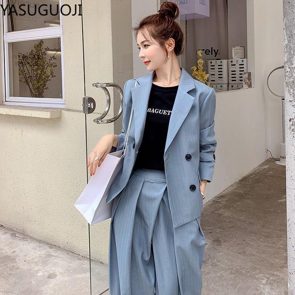 

women's two piece pants yasuguoji 2021 fashion double breasted blazer and harem suits women office lady loose blue 2 pant famale, White