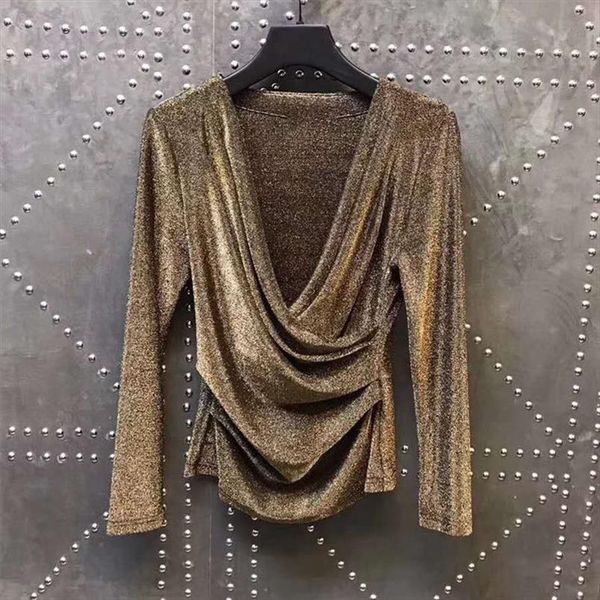 

золотая футболка для женщин v шеи обернутые ручковые вершины сексуальная футболка slim stratchy plus размер s 3xl camiseta mujer t93592, White