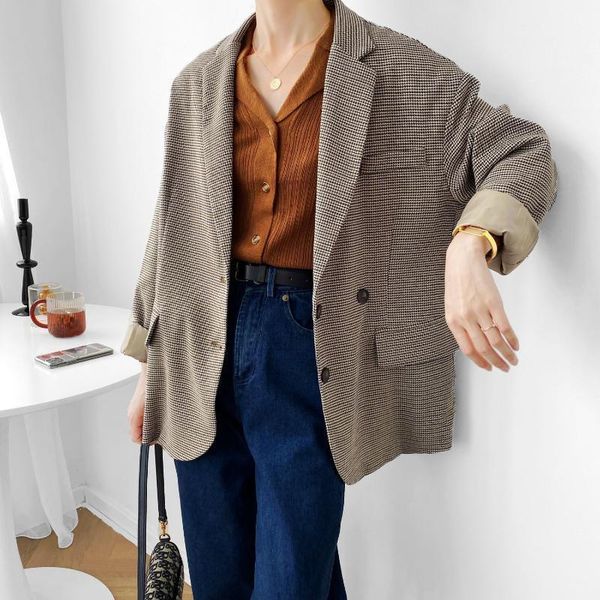 

2020 autumn new korean blazer women's loose casual plaid suit jacket work office lady suit double breasted blazer coat1, Black