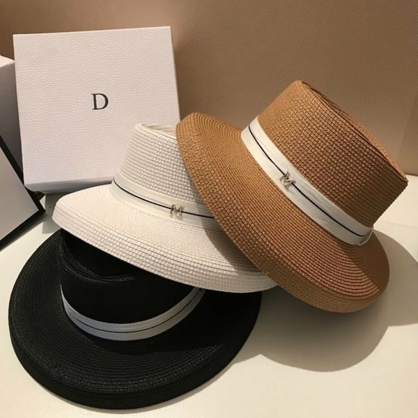 

new women's wide brim sun hats summer ribbon m straw hat fashion foldable beach boater hat cap holiday audrey hepburn y200714, Blue;gray