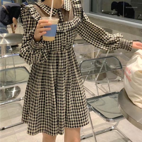 

casual dresses sweet plaid lolita women elegant kawaii designer mini female japanese style korean one-piece dress girl 20211, Black;gray