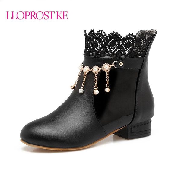 

boots lloprost ke women ankle autumn short elegant fashion lace botas sweet string beaded lady shoes size 31-43 lyz016, Black