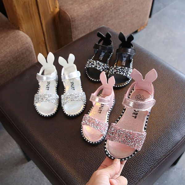 

1-12 years old summer rabbit ear sandals girls sequin rhintone roman bag heel open toe middle school children's sho, Black;red