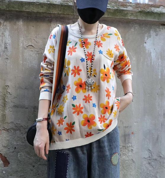 

artistic printed cotton sweater round neck long-sleeved women's sweater autumn 2020 loose pullover yyl, White;black