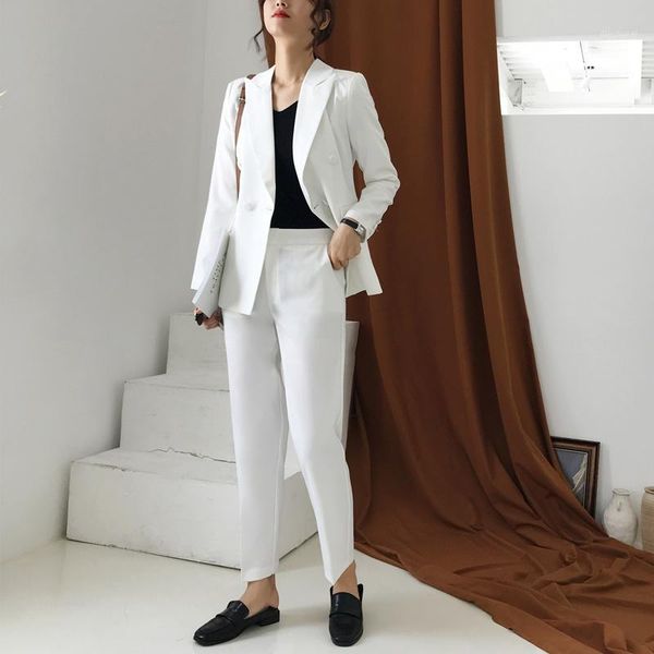 

office ladies white pant suits women double-breasted blazer jacket & high waist pants 2019 female workwear 2 pieces set1, White;black