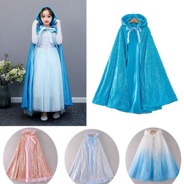 

3-10 years girls sequins long cloak clothing full length hooded cape princess girls costume christmas halloween party make up, Blue;gray