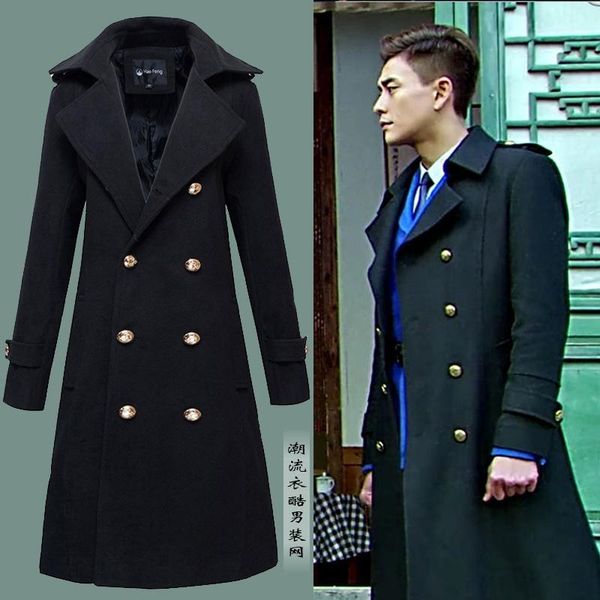 

2019 new arrival fashion long woolen overcoat men windbreaker autumn and winter casual double breasted thick plus size s-3xl 4xl1, Black