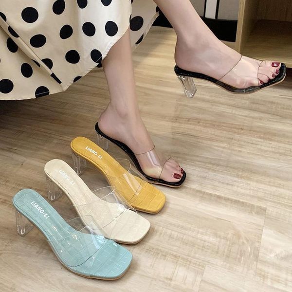 

transparent slippers women wear fashion 2020 new summer net red super high heels crystal thick heel sandals jelly shoes, Black