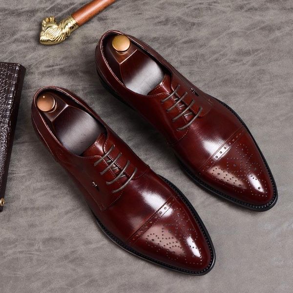 

mens brogue carved formal shoes genuine leather oxford shoes for men point toe dress lace up wedding for party a174, Black